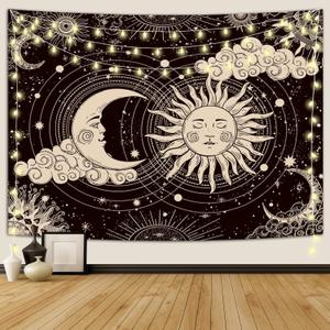 Wonrizon Sun and Moon Tapestry, Aesthetic Black Dark Spiritual Tapestries Mystic Burning Sun with Clouds Star Wall Hanging decor for Bedroom (70.9" x 94.5")