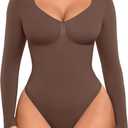 FeelinGirl Women's Long Sleeve Shapewear Bodysuit for Tummy Control Seamless Body Suits Thong V Neck Going Out Tops (Medium, Chocolate)