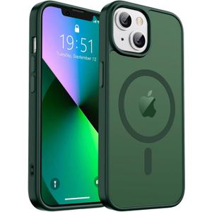 Magnetic for iPhone 13 Case & iPhone 14 Case, [Compatible with MagSafe] [Military Grade Drop Protection] Translucent Matte Shockproof Anti-Scratch Phone Cover, Forest Green