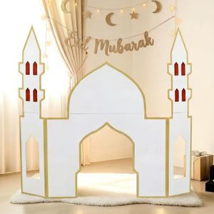 Ramadan Eid Mosque Decorations 52 x 47 Inch Folding DIY Hollow Board Mosque Castle Gold Decor Reusable Islamic Gift for Learning Praying Quran Book Pray Islam Home Teach Salah Muslim Party