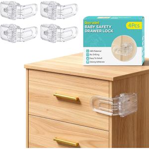 Viaky Baby Proofing Drawer Locks, Adhesive Safety Locks, Clear 4 Pack | Dual-Button Squeeze Release Keeps Toddlers Safe, No Drilling or Tools for 90-Degree Drawers Cabinets