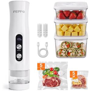 FEPPO Compact Vacuum Sealer for Food (Vacuum Sealer Machine + 3 Containers + 10 Reusable Bags), Anti-Overflow Powerful Portable Handheld Food Sealer, Auto & Manual Modes, Travel Lock, Easy-Clean
