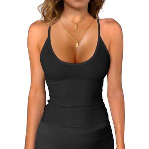 iGENJUN Tank Tops for Women 2025 Built in Shelf Bra Spaghetti Strap Summer Camisole U Neck Slim Fit Ribbed Sleeveless (Large)