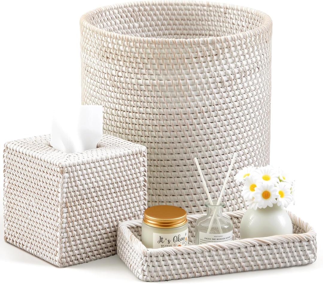 3 Pcs Rattan Bathroom Accessories Set Wicker Handwoven Trash Can Basket Waste Paper Basket Square Tissue Box Holder Toilet Vanity Tray for Kitchen Office Organizer Decorative(White)