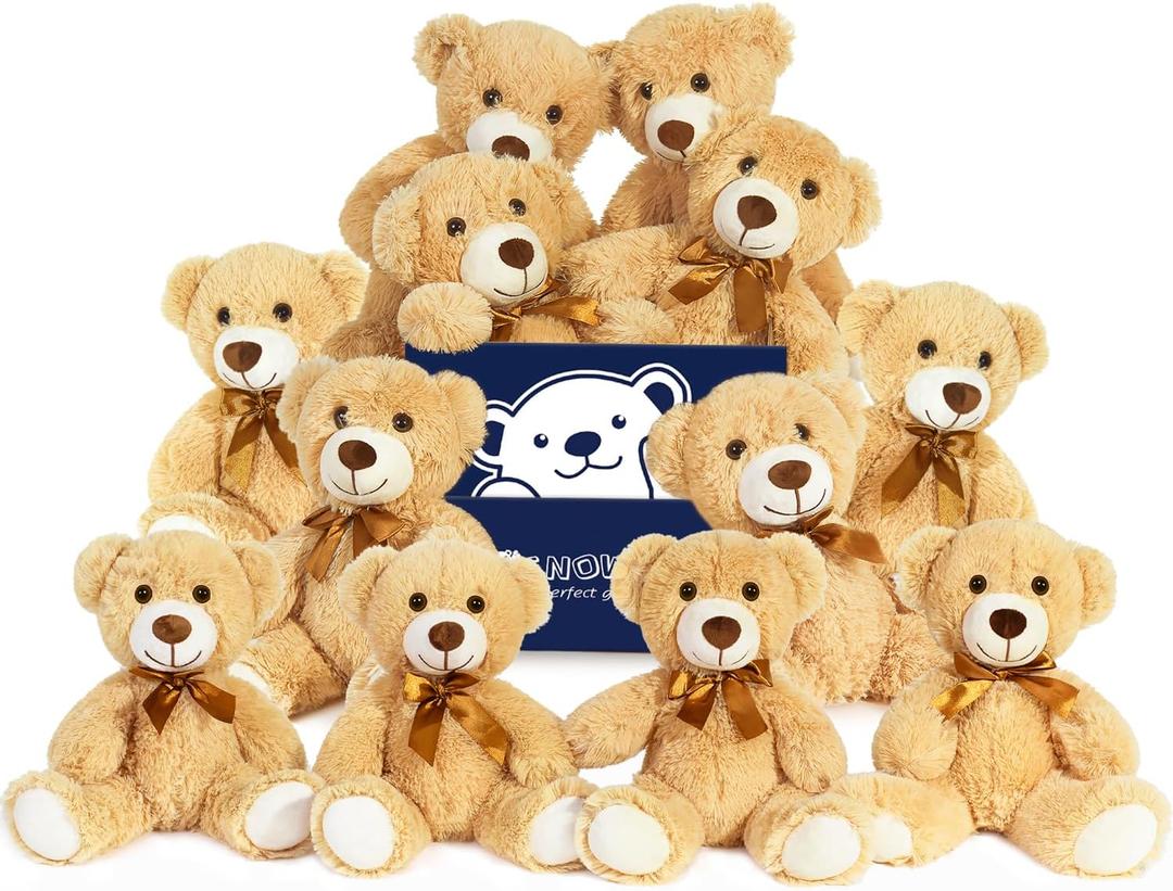 12 Pcs Teddy Bears Bulk Baby Shower, 13.7 inch Small Teddy Bear Stuffed Animal Toys for Christmas Valentine's Mother's Day Centerpieces Decorations for Kids Adults, Light Brown