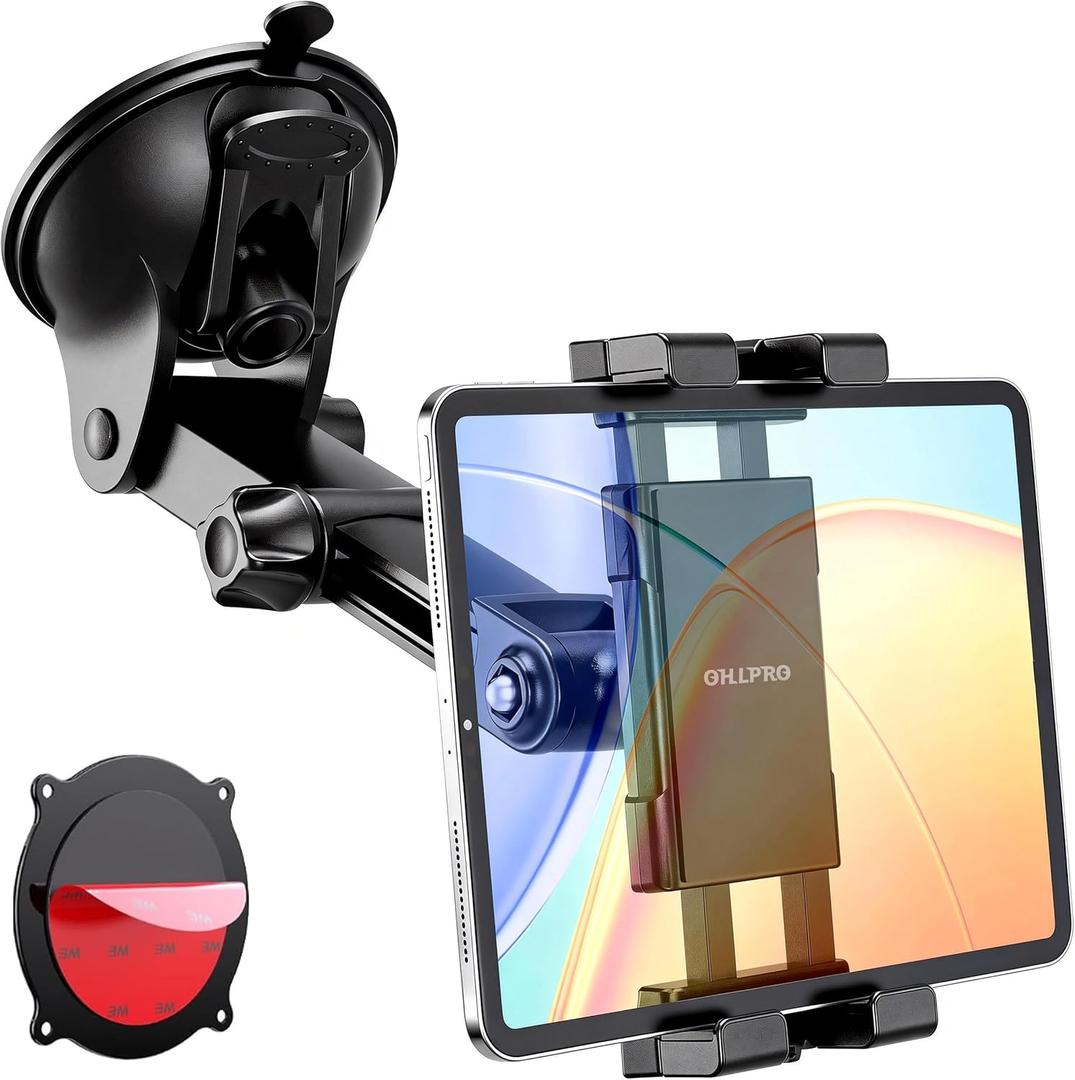 OHLPRO Tablet Holder for Car Dashboard & Windshield, Long Arm Suction Cup Tablet Mount Fits 5-17" iPad Pro/Air/Mini, Stable iPad Car Mount for Truck/SUV/Semi, Ideal Tech Gift for Drivers & Traveler