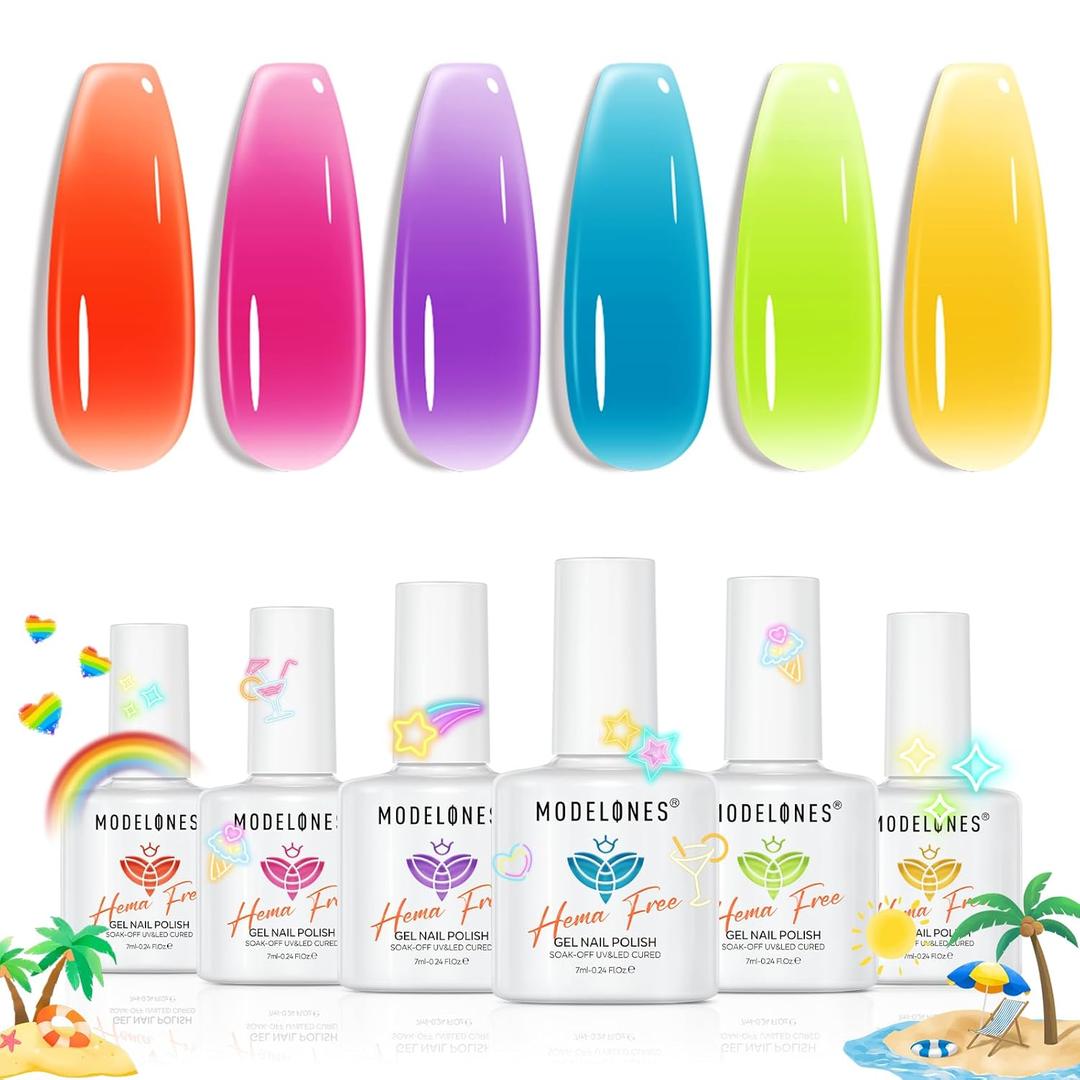 modelones Jelly Neon Gel Nail Polish Set, Hema-Free Summer LGBT Neon Hot Pink Orange Blue Yellow Green Purple 6 Colors Bright Sheer Translucent Effect Rainbow Gel Polish Kit LED Nail Art Gift Salon