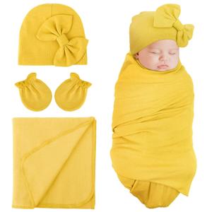 DRESHOW BQUBO Newborn Receiving Blanket Bow Hat Gloves Set Cotton Warm Baby Swaddle Blanket Wrap Baby Sleep Sack Shower Gift