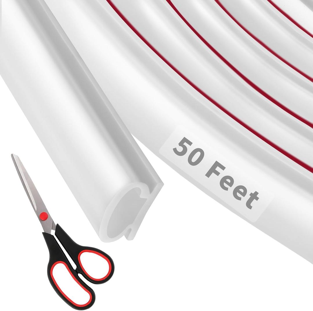 50 Feet D-Shape Rubber Weather Stripping Door Seal Strip, Self-Adhesive Backing Door Weatherstripping for Door Frame Insulation Large Gap, Easy Cut to Size with Tailor Scissors(White)