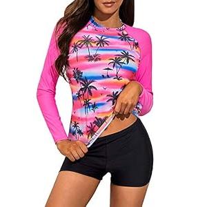 Daci Women Pink Two Piece Rash Guard Long Sleeve Swimsuits UV UPF 50+ Swim Shirt Bathing Suit with Boyshort Bottom S