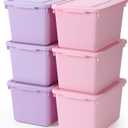 6 Pack Cute Plastic Storage Bins with Lids Decorative Stackable Storage Boxes 9.8" 7.3" 5.7" Small Storing Totes for Organizing Craft Office Supplies (Pink,Purple)