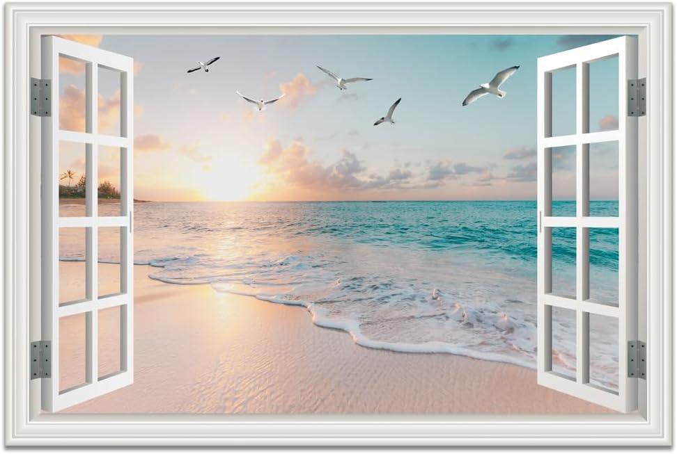 Beach Wall Art Picture for Living Room - Ocean Canvas Art Print for Bedroom - White Fake Window Frame Style Wall Decor Sunset - Seascape Painting for Bathroom Office Home Decoration 24x36inch