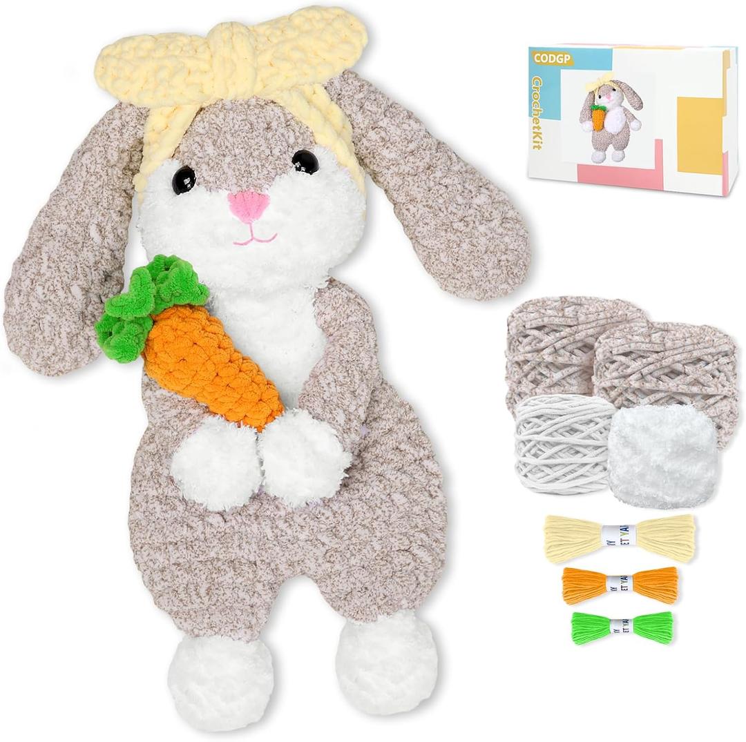 CODGP Crochet Kit for Beginners,15.8in Crochet Animal Kit Bunny, Crochet Starter Kit Gift for Adults Kids with Yarn Sets, Amigurumi Kits with Step-by-Step Video Tutorials