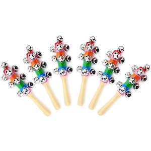 6Pcs Wooden Jingle Hand Bells,Rainbow Handle Wooden Bells Jingle Stick Shaker Rattle Baby Kids Children Musical Toys
