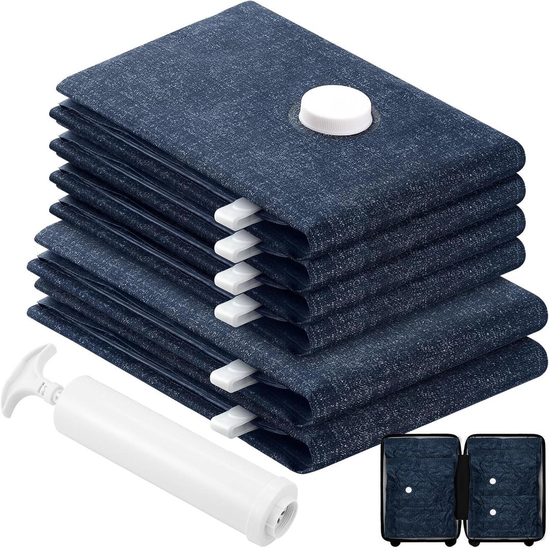 6 Pack Cloth Vacuum Storage Bags, Vacuum Seal Bags for Clothing with Hand Pump, 2 Large+4 Medium, 80% Space Saver Bags for Luggage, Comforters,Blankets, Home Travel Essentials(Demin)