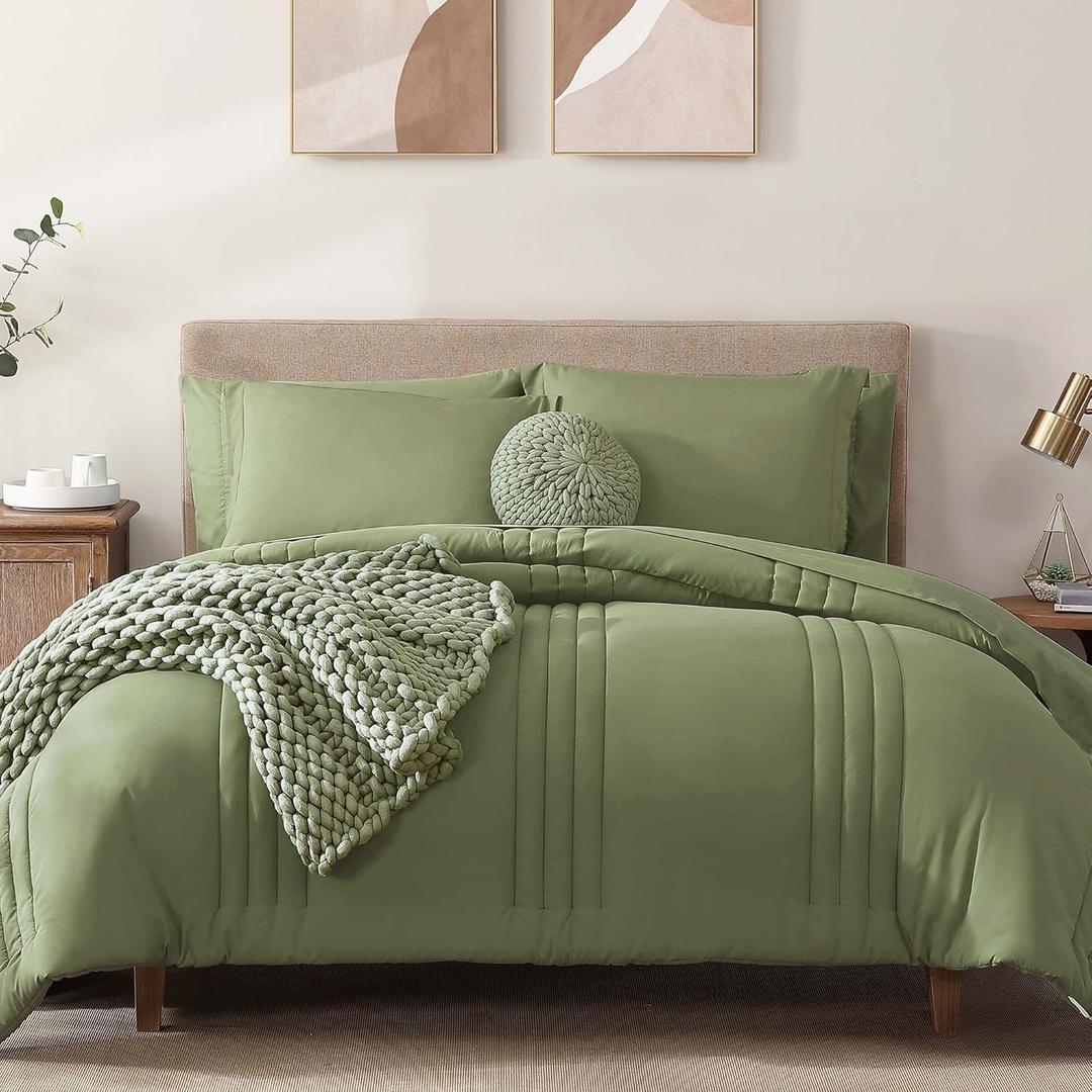 Monbix King Size Comforter Set - 7 Pieces Bed in a Bag King, Light Sage Green Bedding Sets with Comforter, All Seasons Comforter Bed Set with Sheets, Pillowcases & Shams (King(102"X90"))