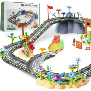 153PCS Magnetic Tiles Road Set with Toy Car & Flowers Building Toy, Magnet Tiles for Kids, Magnetic Building Blocks, STEM Toy Gift for Boys and Girls, Garden Track Themed