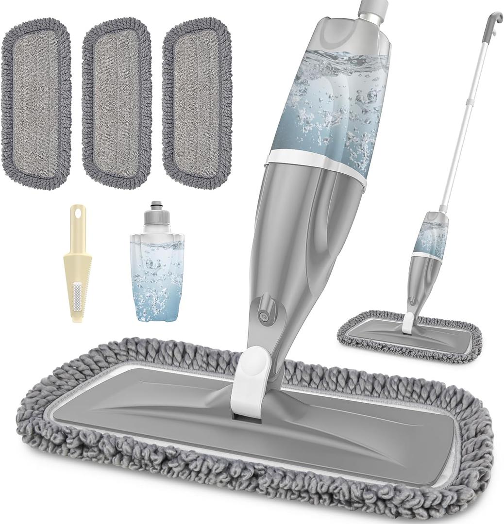 Microfiber Spray Mops for Floors Cleaning: EXEGO Dust Wet Mop with 3 Washable Reusable Pads for Swiffer Powermop &1 Refillable Bottle - Flat Floor Mop for Hardwood Laminate Ceramic Tiles Vinyl Wood (Gray)