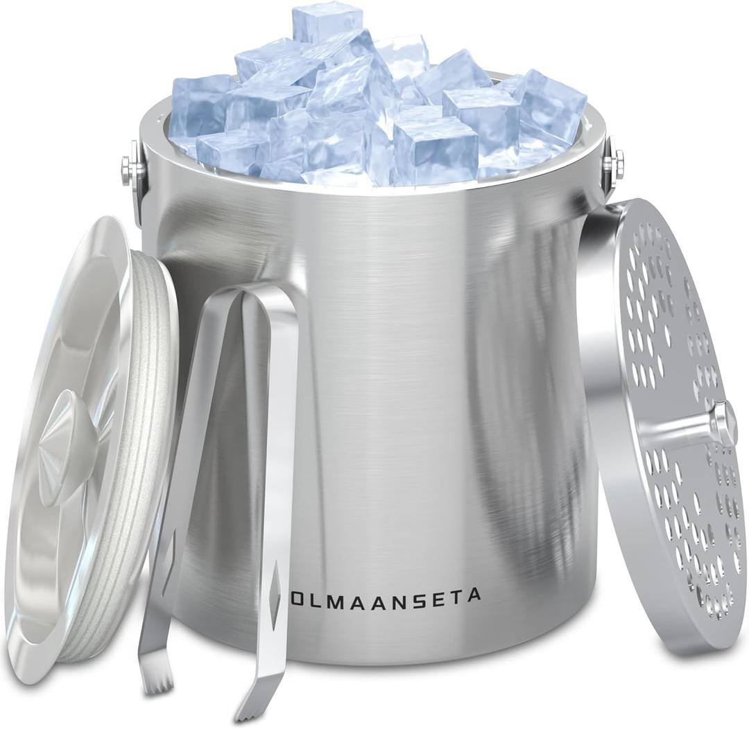 Stainless Steel Ice Bucket For Parties With Lid And Ice Tongs,Insulated Wine Bucket With Strainer Keeps Drinks Cold And Ice Cube From Melting