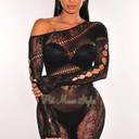 Black Lace Seamless Sheer Long Sleeve One Shoulder Rhinestone Cut Out Romper, Size XS