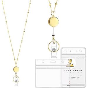 Lanyards for Id Badges Stainless Steel Badge Lanyard with 2 Pcs Waterproof Badge Holder Retractable Badge Lanyards Teacher Lanyard for Cruise Ship Key Cards Id Badges (Gold)