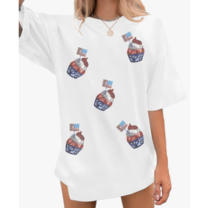 QLIPIN American Flag Oversized Shirts Women: American Flag Peace Sign Hand Tshirt 4th of July Patriotic Short Sleeve Tee, COLOR APRICOT, XL