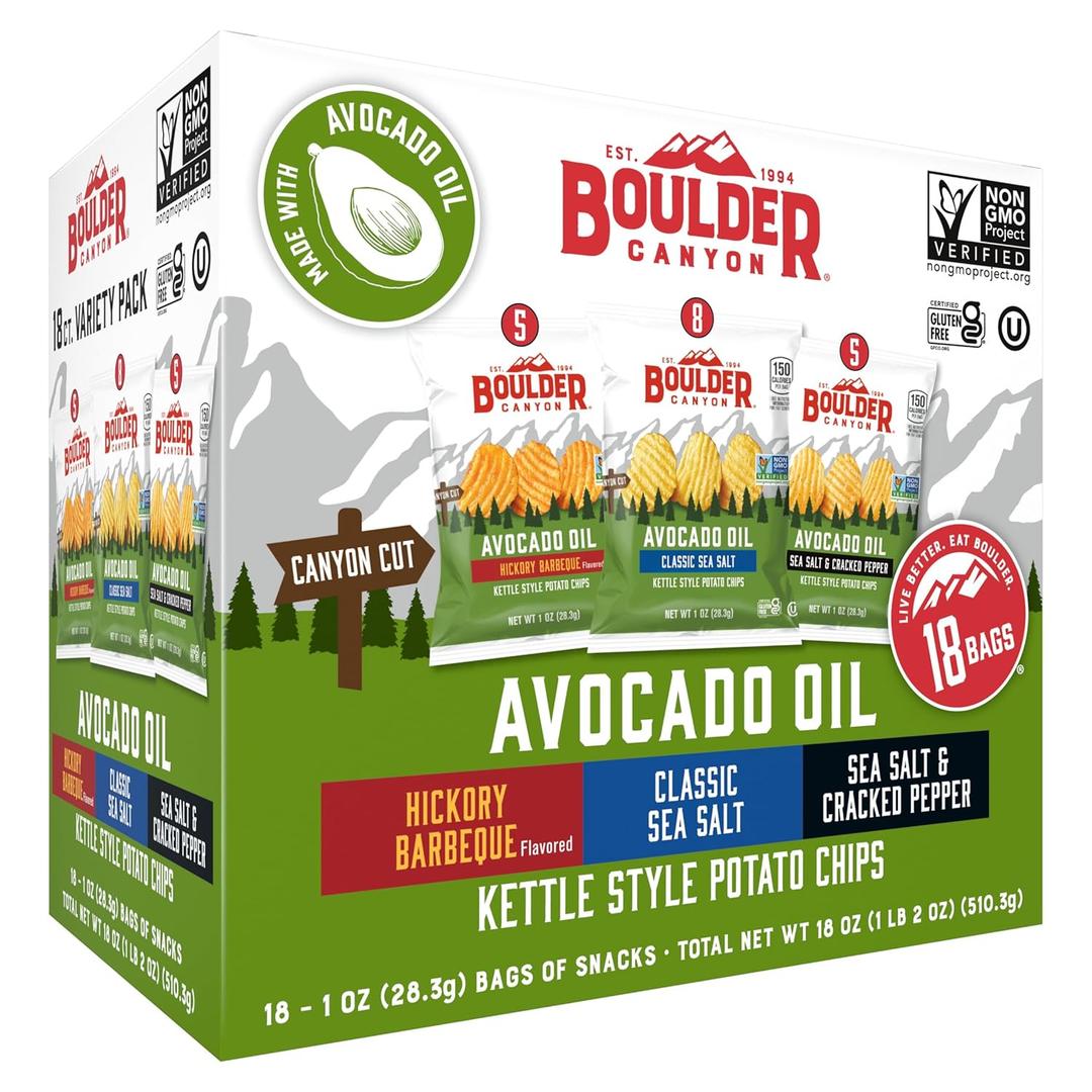 Boulder Canyon Avocado Oil Kettle Style Potato Chips Variety Pack, 18 Count - Gluten-Free, Non-GMO, Hickory Barbecue, Classic Sea Salt, Sea Salt & Cracked Pepper (1 oz Bags) (EXP 06/08/26)