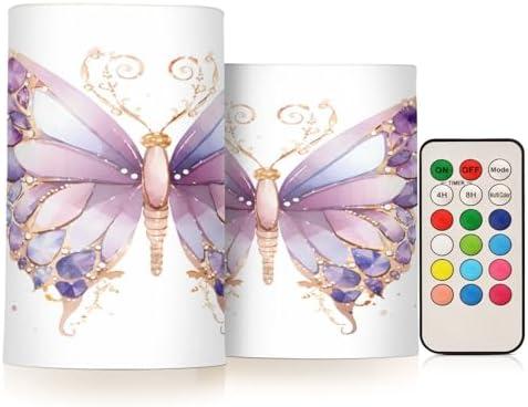 ALAZA Purple Butterflies Flickering Flameless Candles Battery Operated with Remote Timer,Tea Light Candles LED Pillar Votive Candles Set of 2 for Outdoor Indoor Decorations
