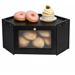 Bread Box, Corner Bread Box, Corner Bread Box for Kitchen Countertop, Bamboo Bread Box, Wooden Bread Boxes with Mortise and Tenon Structure, Bread Bin with Wavy Acrylic Door for Homemade Bread (Black)