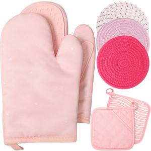 Sumind Pink Oven Mitts and Pot Holders 7 Sets, Heat Resistant Kitchen Gloves Pads Potholders for Mother Women Gifts Pot Holders Kitchen Accessories Gift(Pink White,Rubber Cotton,Stripes)