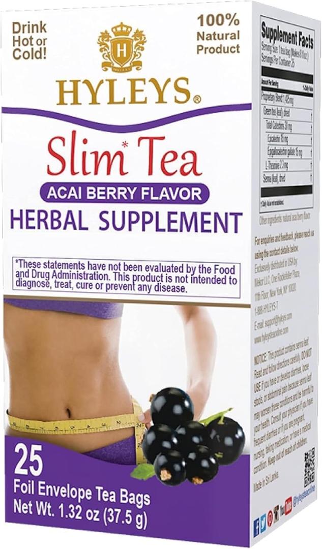 HYLEYS Slim Tea Acai Berry, Weight Loss Detox, Slimming Diet Tea, 25 Bags (EXP 02/01/28)