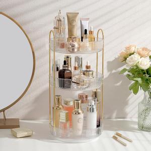 Aveniee Rotating Makeup Organizer for Vanity, 3 Tier Perfume Skincare Organizers and Storage for Bathroom Countertop, Clear Spinning Counter Cosmetic Holder for Dresser, White