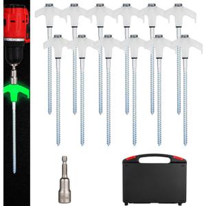 12 Pack Screw in Tent Stakes Heavy Duty,8 Ground Anchors Screw in, Metal Stakes with Hex Head Driver and Sturdy Storage Box. (12, Luminous White)