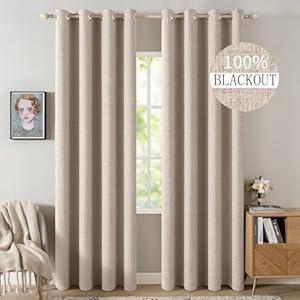 MIULEE 100% Blackout Linen Textured Curtains for Bedroom Solid Thermal Insulated Natural Beige Grommet Room Darkening Curtains & Drapes Luxury Decor for Living Room 52 x 96 Inch (2 Panels)