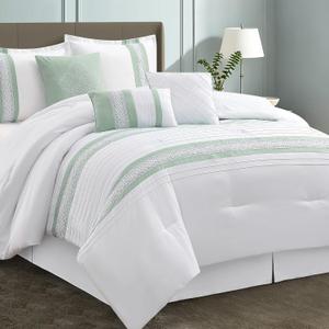 LANCO MODERN LIFESTYLE 7 Piece Comforter Set, Sage White, California King, Boho Style Geometric Microfiber Embroidery, Bed in a Bag with Bedskirt, Pillow Shams and Decor Pillows