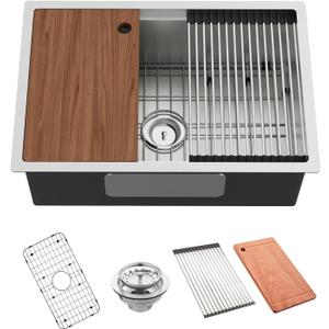 Kitchen Sink Workstation, 27x18 Inch Stainless Steel Drop In Kitchen Sink Modern Undermount Single Bowl Kitchen Sink Gift Combo-SS Grid,Drying Rack,Cutting Board,Sink Clip, Drain Strainer Set