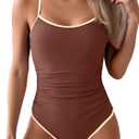 Eomenie Women's One Piece Swimsuit Tummy Control Slimming Bathing Suit Color Block Spaghetti Strap 1 Piece Swim Suit Swimwear (Large, Brown)