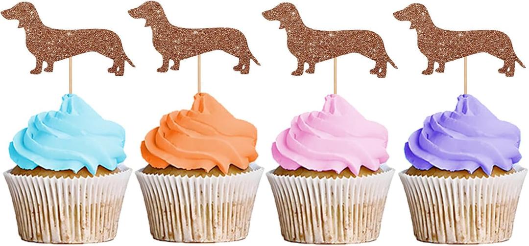 Dachshund Cupcake Toppers, Puppy Pet Cupcake Toppers, Dog Birthday Cupcake Picks, Dachshund Pet Themed Party Decoration - Brown Glitter