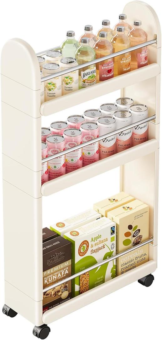 MiaLi 3 Tier Slim Storage Cart with Wheels, 1 PCS White Utility Slim Cart with Plastic, Adjustable Size for Laundry Kitchen Bathroom Narrow Places, Easy to Clean, Space Saving (White)