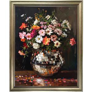 Disco Ball Wall Decor, Vintage Framed Colorful Moody Florals Wall Art, Maximalist Funky Flowers Bouquet Print Poster, Retro Eclectic Wall Art Painting