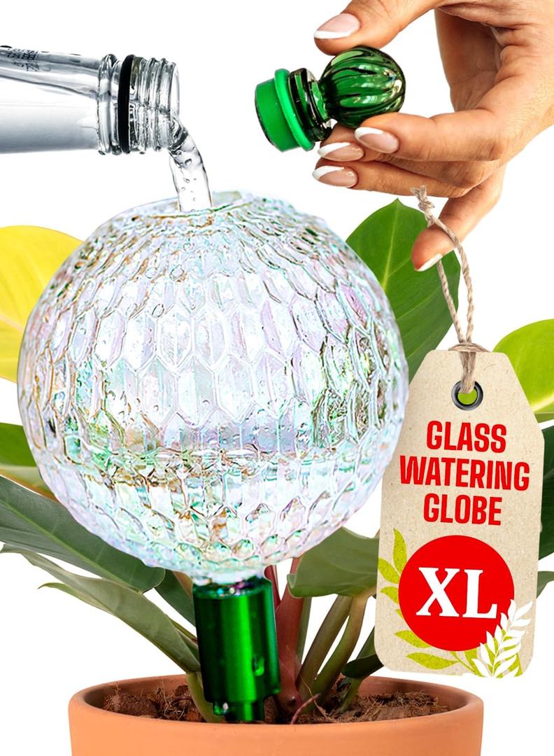 16 Oz Plant Watering Globes for Indoor Plants with Metal Self Watering Planter Insert - Premium XL Glass Hand-Blown Globe - Automatic Plant Waterer Indoor, Gift Idea for Gardeners [1 Globe, Textured]