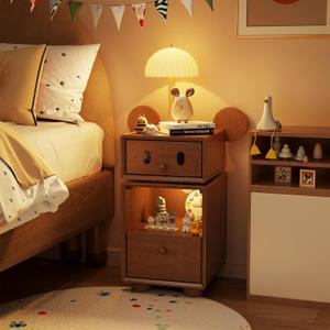 Solid Wood Cute Nightstand with 360 Rotating Drawers, Semi-Assembled Kids Night Stand with LED Lights & 2 Drawers, Modern Fluted Bedside Tables for Bedroom, Living RoomWalnut