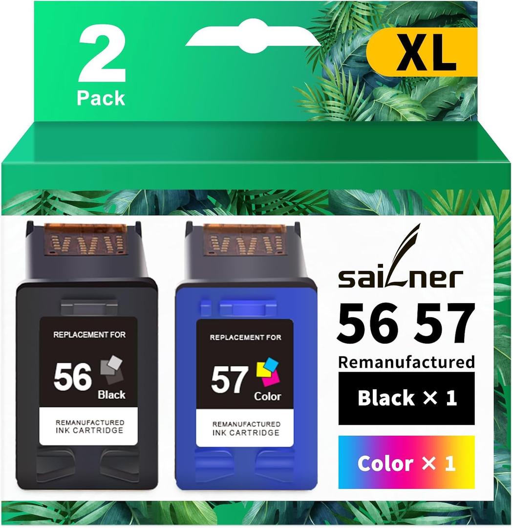 SAILNER Remanufactured Ink Cartridge Replacement for HP 56 57 Ink Cartridge Combo Pack use with PhotoSmart 7760 7960 7660 DeskJet F4180 5650 OfficeJet 5510 4255 PSC 2410 1350 Printer Black Color 56 57