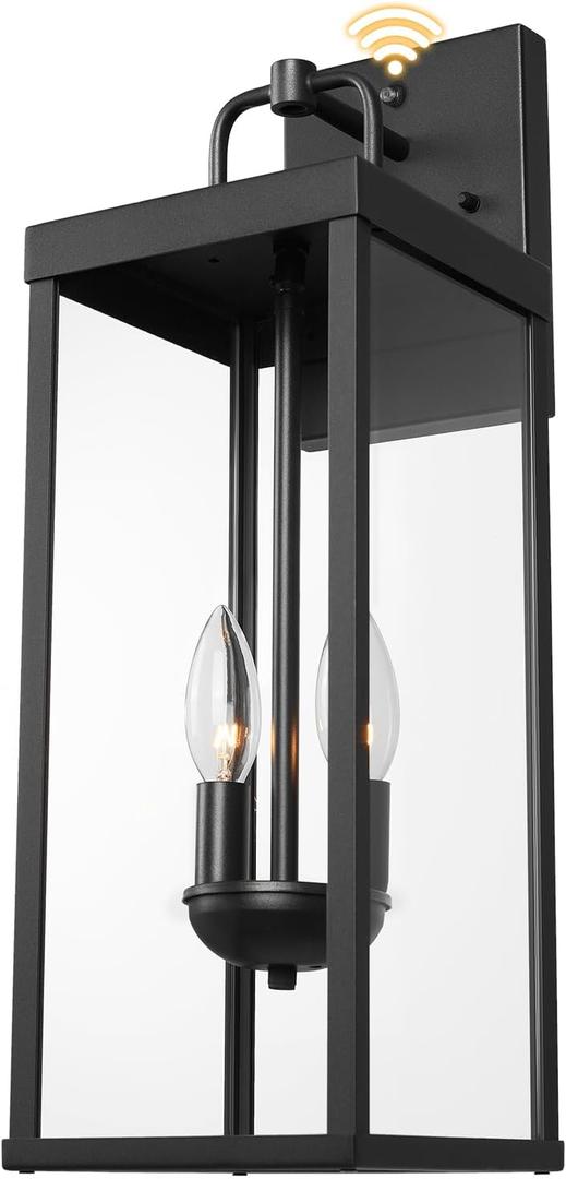 Dusk to Dawn Outdoor Wall Sconce Light, 20 Inch Tall Transitional Exterior Wall Lighting with Clear Glass, Anti-Rust Powder Coat Black Modern Outside Wall Lantern for Front Porch, DDRZ008M BK (Medium-1 Pack)