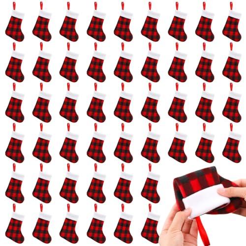 BBTO 48 Pieces Plush Cuff Christmas Mini Stockings 7 Inch Buffalo Plaid Hanging Stockings Xmas Candy Holder Tableware Holders (Red and Black)