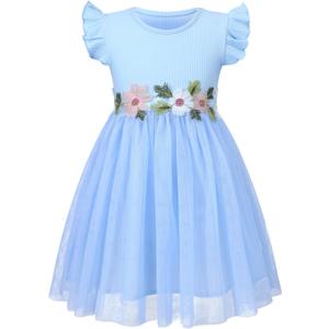 HILEELANG Little Flower Girl Tulle Tutu Dress Easter Cotton Ribbed Birthday Wedding Party Princess Dresses (3T, 251221#skyblue)