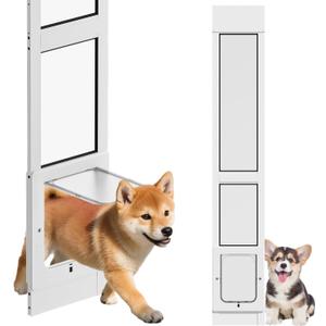 Dog Door for Sliding Glass Door with Magnetic Plastic Flat, Sliding Door Pet Doggie Door Insert with Lock, Adjustable Height No-Cut Required Doggy Door Access Renters, Apartments, Patio (White, Small)
