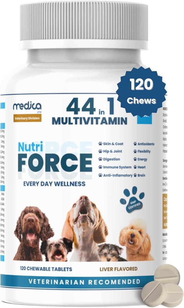 NutriForce 44-in-1 Multivitamin for Dogs – Daily Supplement for Hip & Joint, Skin & Coat, Immune, Digestion, Energy & Heart – 120 Chewable Tablets – Liver Flavor – All Breeds & Ages – Vet Recommended BBD: 12/24/26