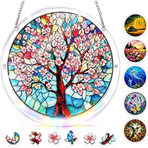 Acrylic Jigsaw Puzzle Suncatcher Kit 7.8 Inch, Cherry Blossom Tree Acrylic Puzzle Suncatcher for Adults, DIY Window & Garden Hanging Decor, Home Decor Gift for Women, Mom, Friends