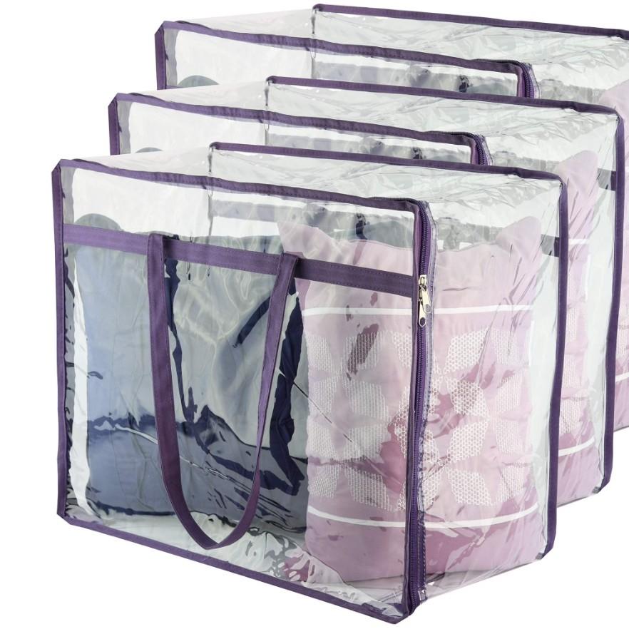 Clear Vinyl Zippered Storage Bags (3-Pack) 40L Sturdy Storage Bags for Sweaters, Blankets, Comforters, Bedding Sets and Much More! (Purple, 18x15x9)